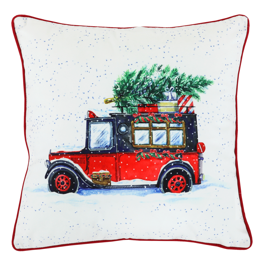 UBR100-1 - Polštář sametový s výplní, bílý - vánoční auto, 100% polyester, 45 x 45 cm.