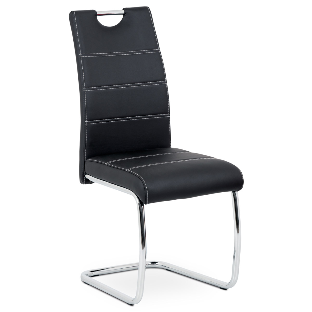 HC-481 BK - Jídelní židle, potah černá ekokůže, bílé prošití, kovová pohupová podnož, chrom