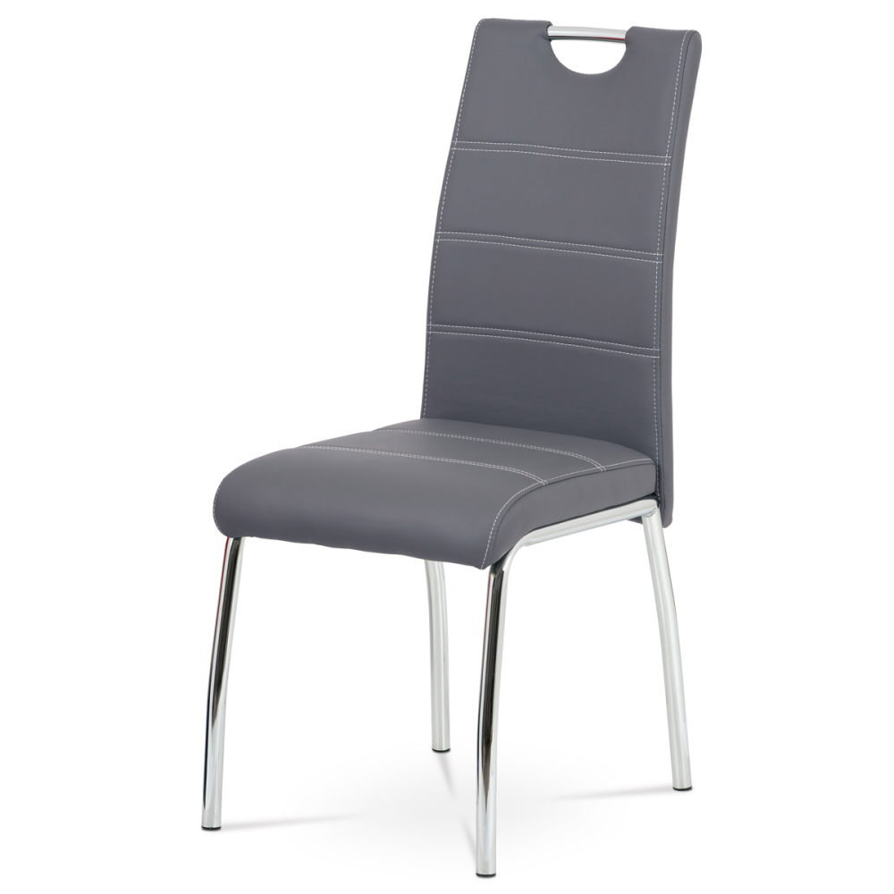 HC-484 GREY - Jídelní židle, potah šedá ekokůže, bílé prošití, kovová čtyřnohá chromovaná podn